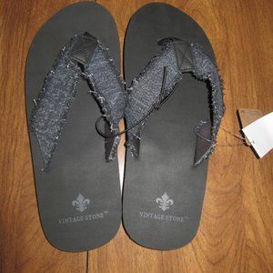 Vintage Stone Black Frayed Flip Flop Sandals New